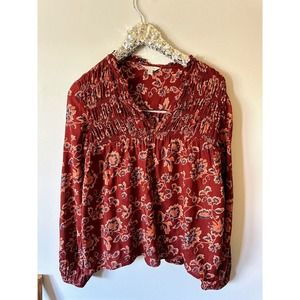 LUCKY BRAND Boho Floral Burgundy Babydoll Popover Blouse Sz M Jacobean NWOT